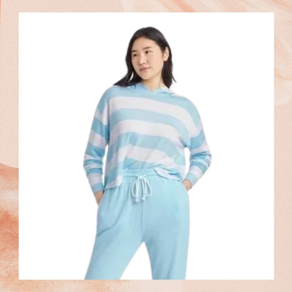 Colsie Light Blue & White Striped Cropped Hoodie Sweatshirt